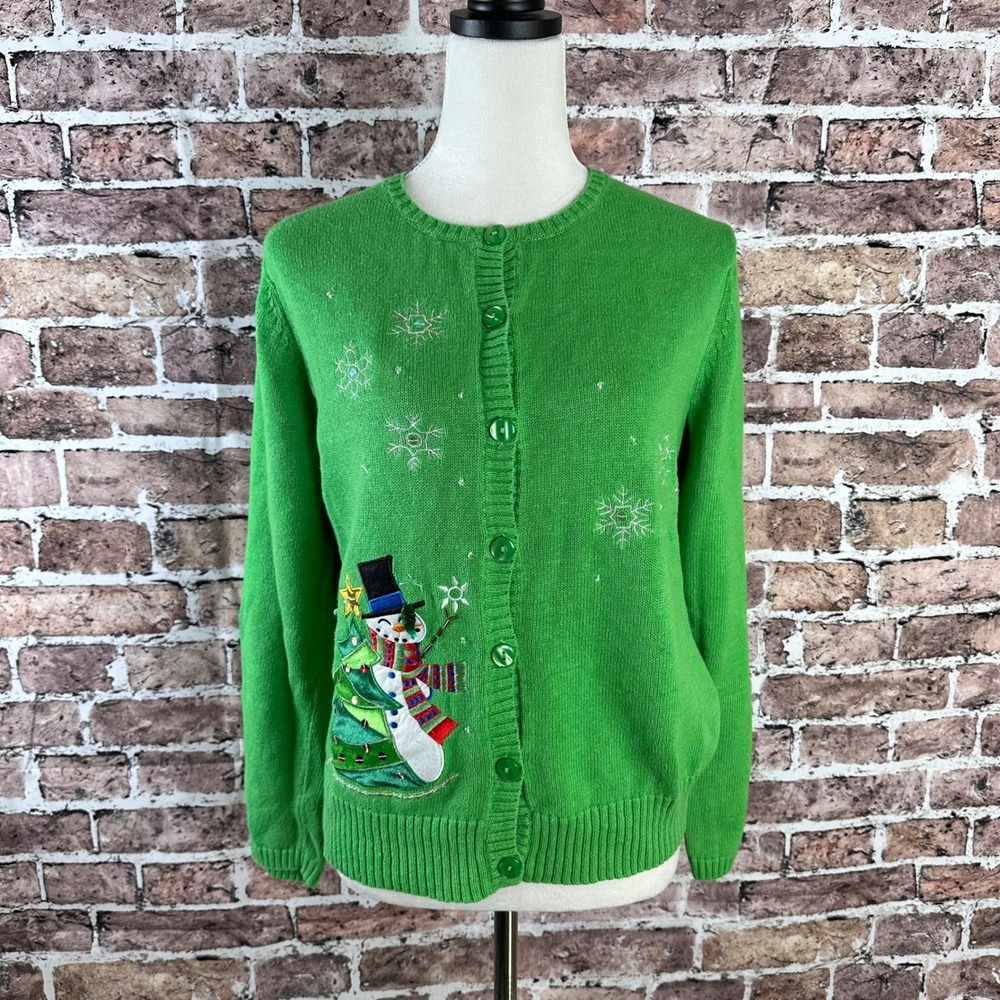 Isabella's Closet Women's Green‎ Snowman Christmas Tree Ugly Sweater Cardigan  L
